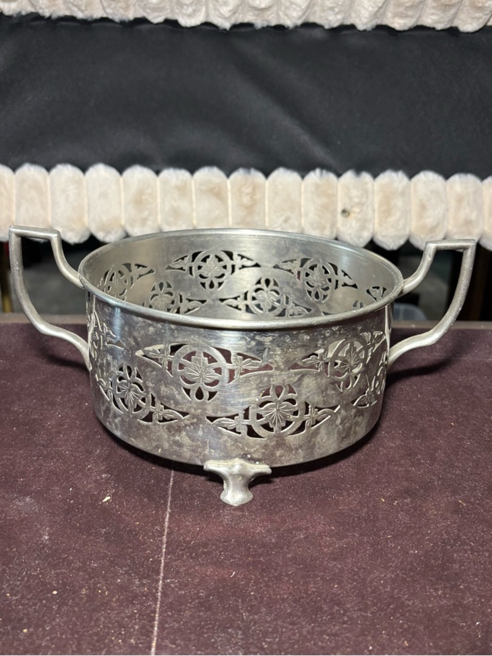 Vintage Silverplate Coaster Frame Pierced Floral Handles Feet NO INSERT